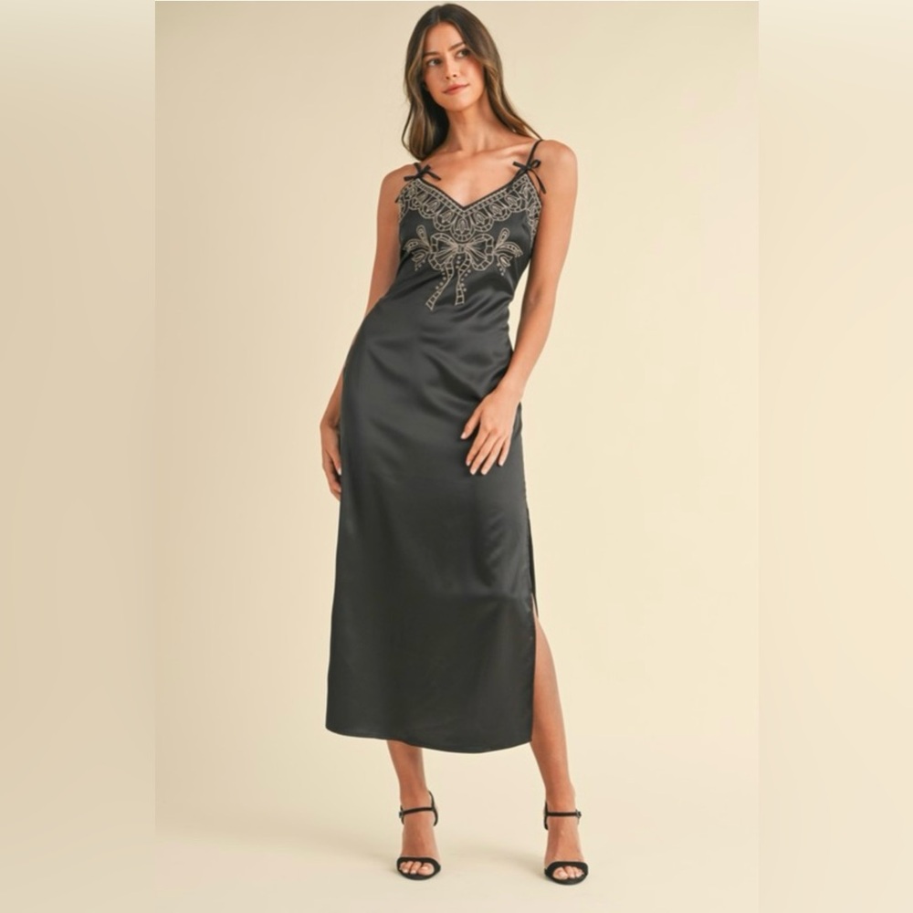 Satin slip dress with embroidery and bow detail